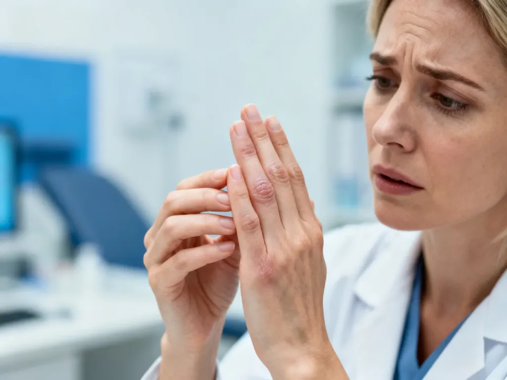 Kobieta z objawami bólu i obrzęku stawów palców, obrazująca symptomy łuszczycowego zapalenia stawów.