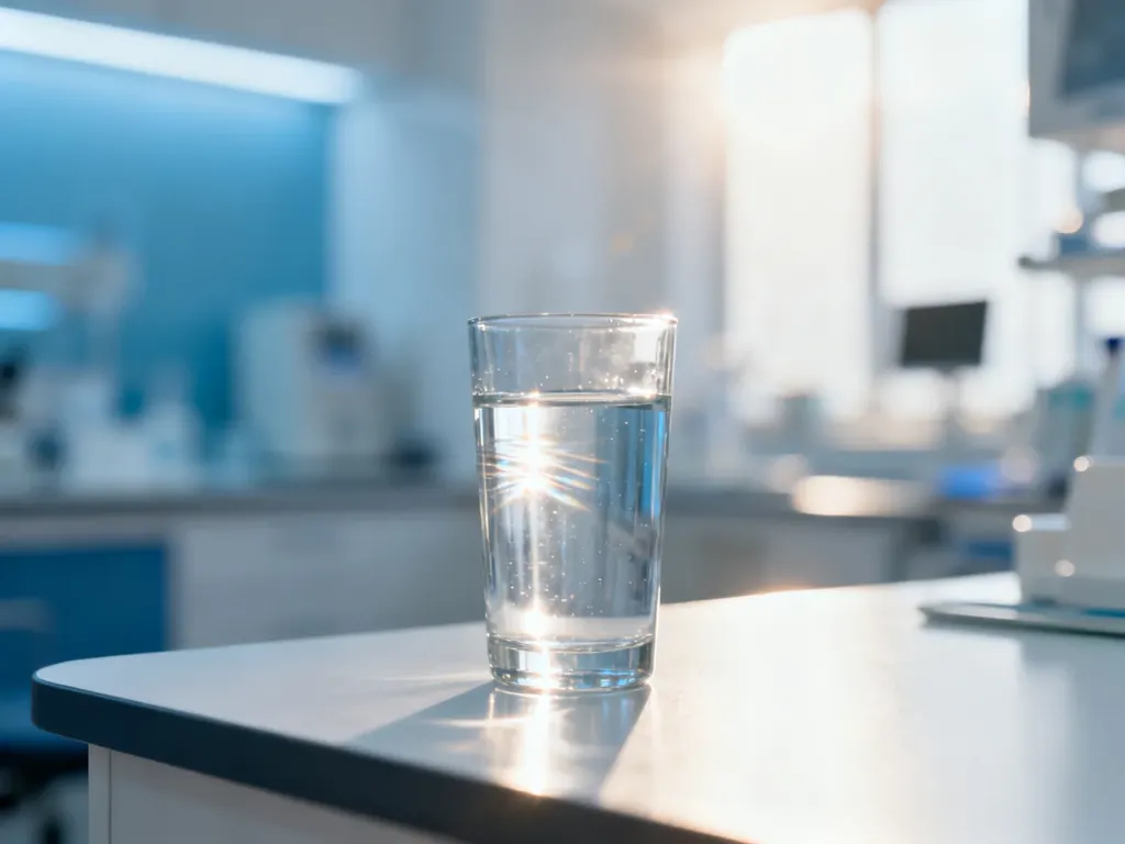 Szklanka czystej wody na medycznym biurku w laboratorium, podkreślająca możliwość nawodnienia przed badaniem krwi.