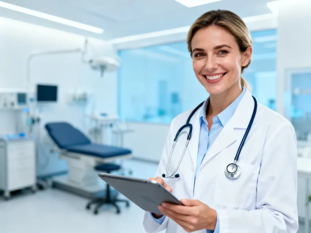 Uśmiechnięta dermatolog w białym fartuchu trzymająca tablet w nowoczesnym gabinecie lekarskim.