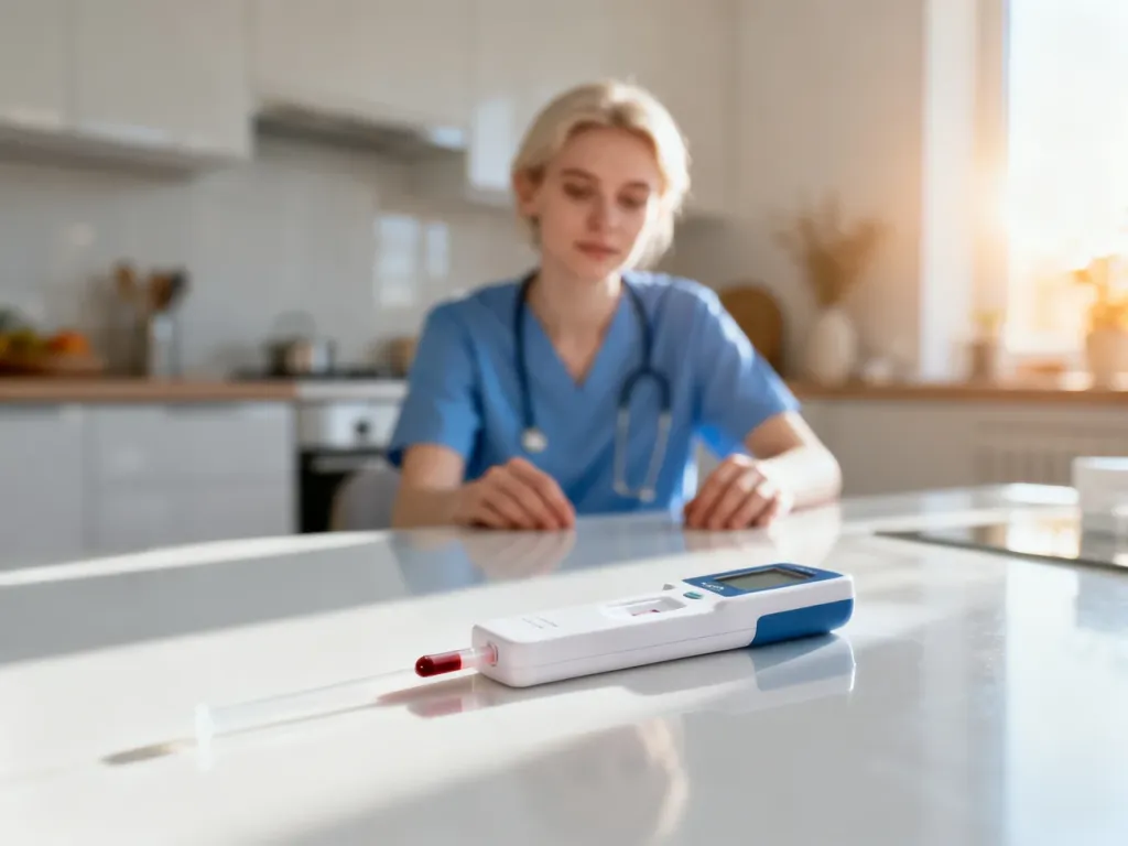 Osoba wykonująca w domu test na poziom kwasu moczowego przy użyciu zestawu diagnostycznego na kuchennym stole.