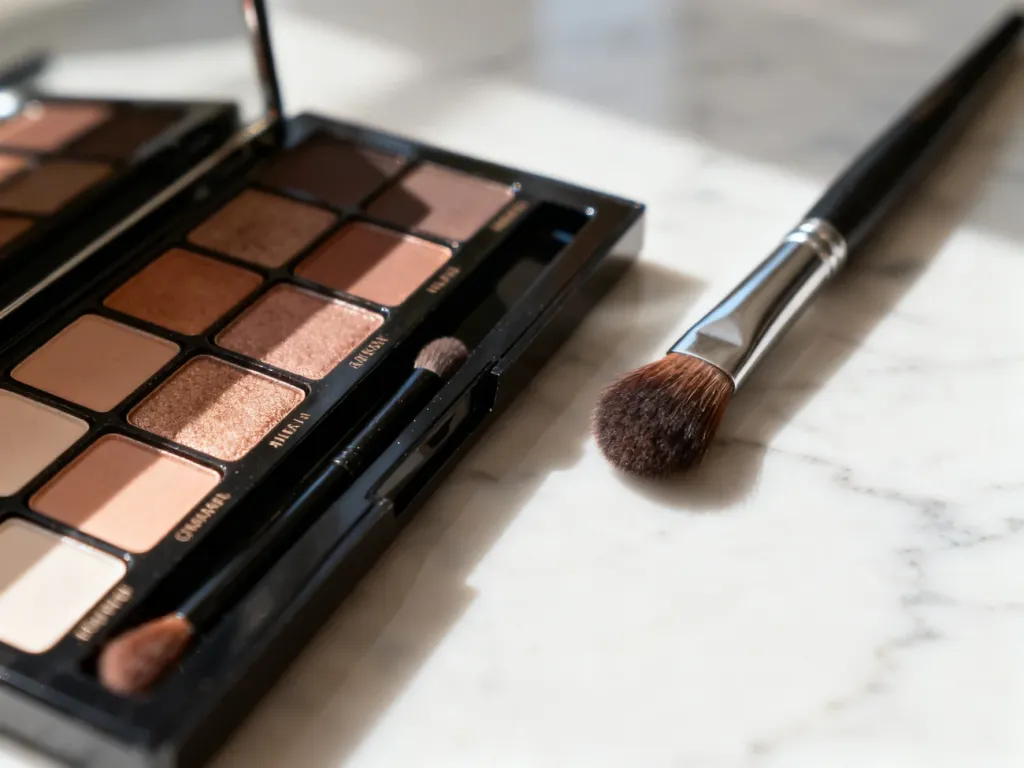 Elegancka paleta cieni do powiek z pędzlem na marmurowym blacie w świetle poranka.