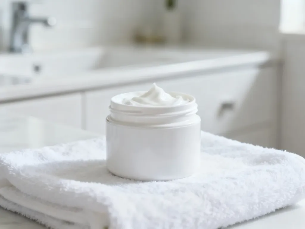 Słoiczek kremu Sudocrem na białym ręczniku w jasnej łazience, podkreślający minimalistyczny charakter produktu.