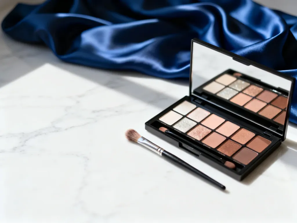 Paleta cieni w odcieniach nude i brązu oraz pędzel na marmurowym blacie w towarzystwie chabrowego materiału.