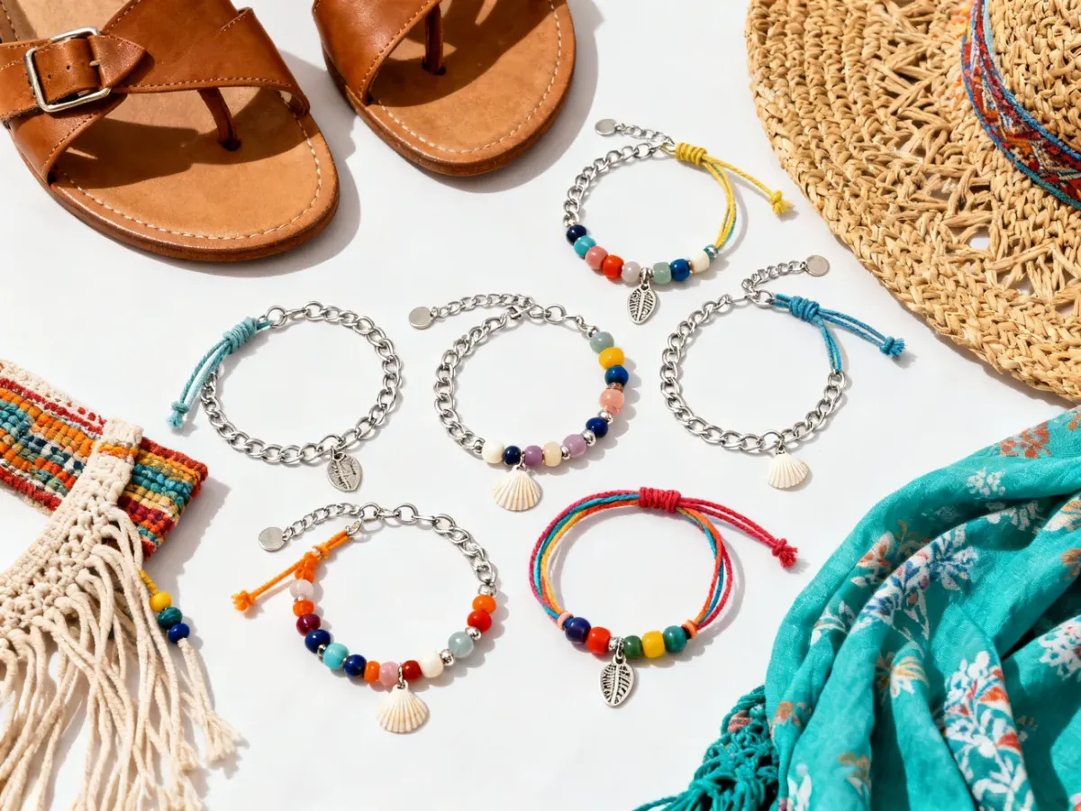 Różne modele bransoletek na kostkę w stylu boho