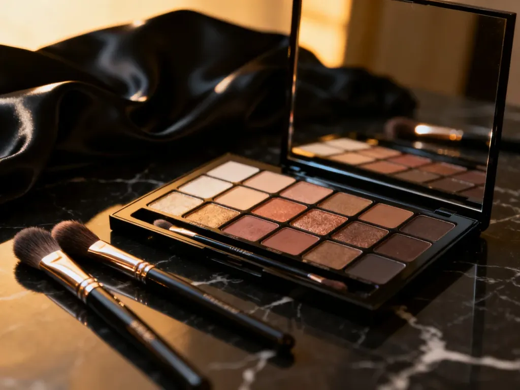 Elegancka paleta cieni do powiek i pędzle na marmurowym blacie, idealnie dopełniające stylizację z czarną sukienką.