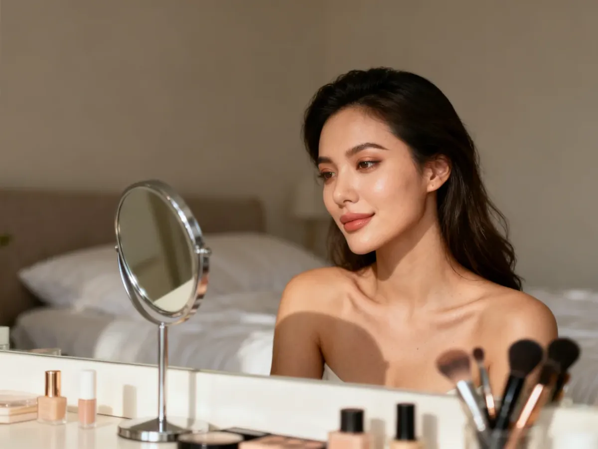 Kobieta z naturalnym makijażem oglądająca efekt w lusterku