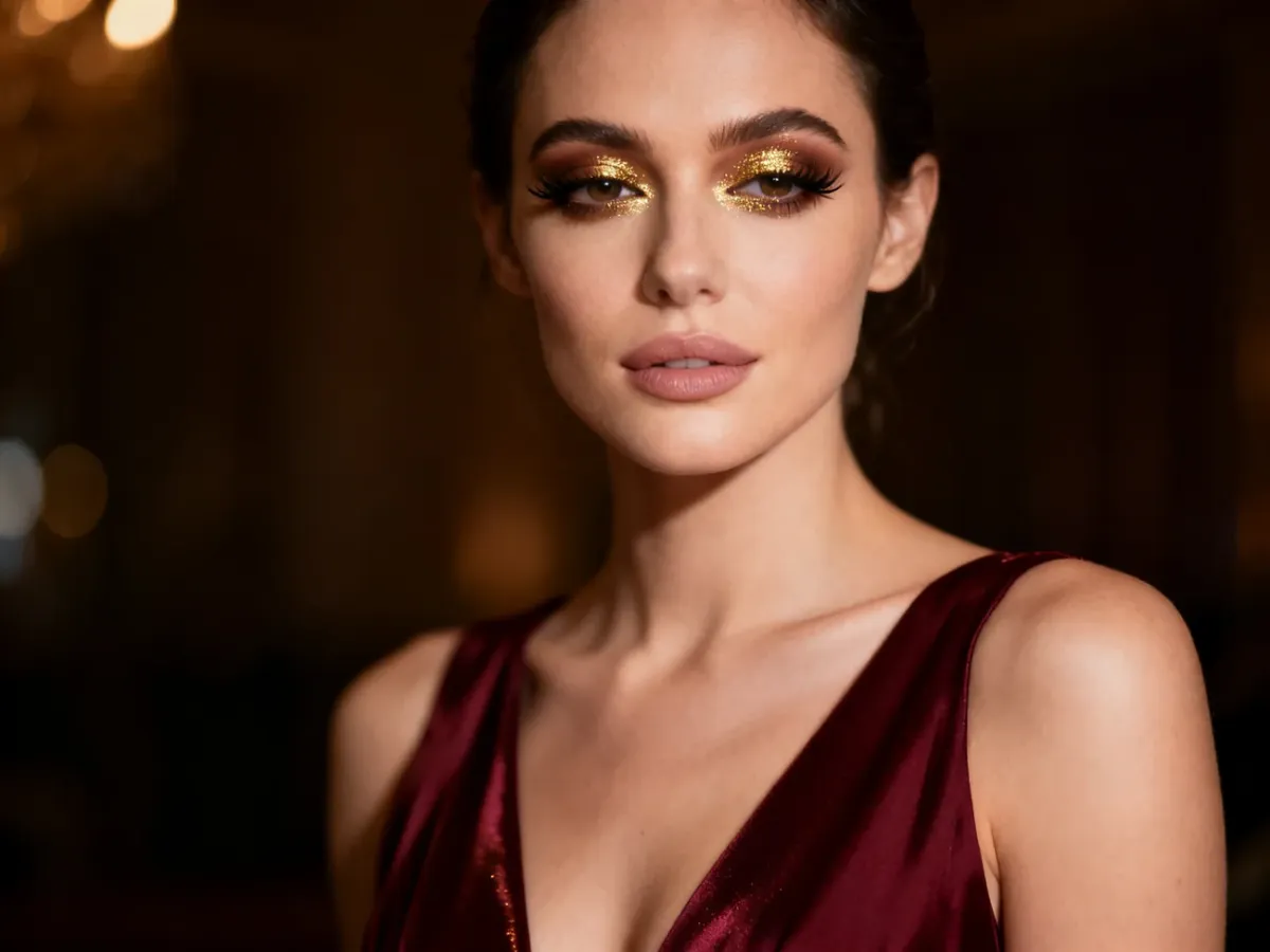 Wieczorowy makijaż z brązowym smokey eyes i złotym cieniem
