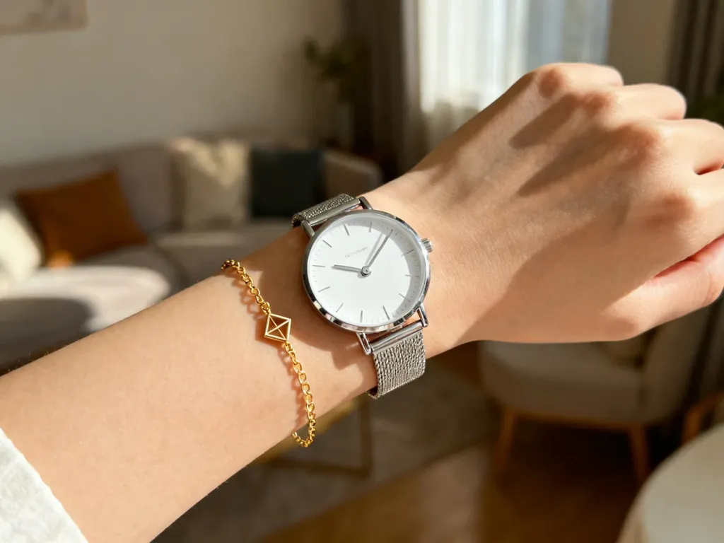 Eleganckie zestawienie minimalistycznego zegarka z delikatną złotą bransoletką na kobiecym nadgarstku.