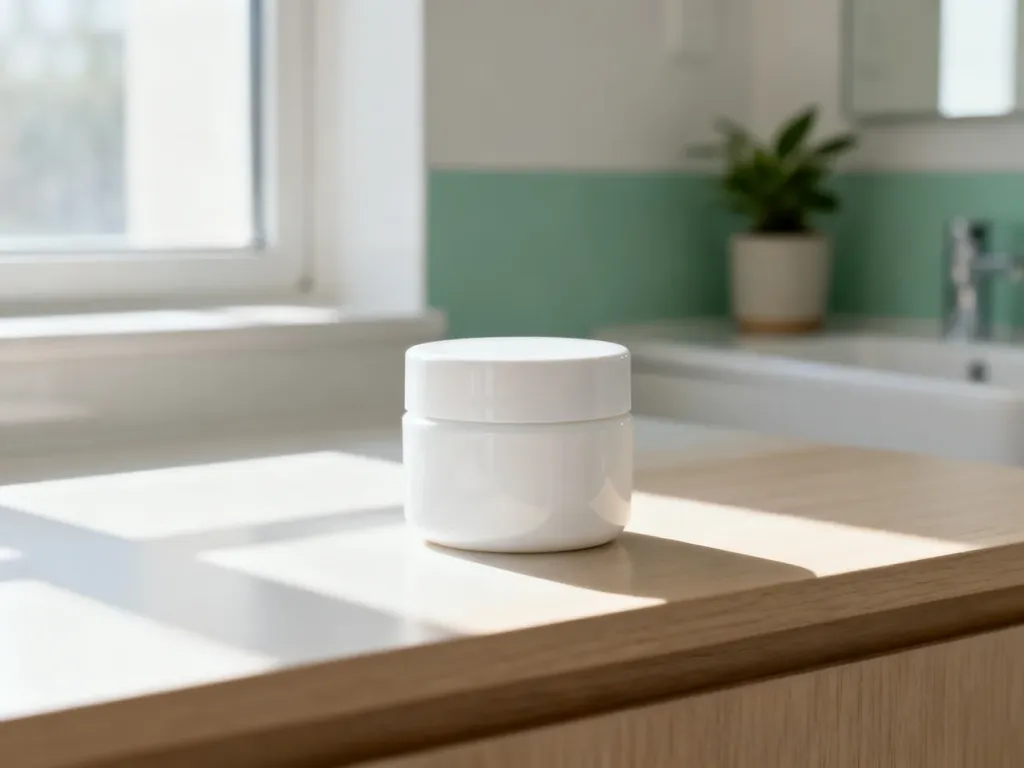 Biały słoiczek kremu Sudocrem na minimalistycznym drewnianym blacie w jasnej, łazienkowej scenerii.