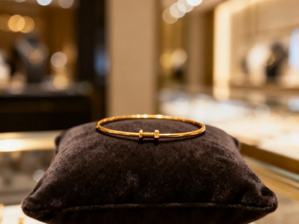 Złota bransoletka z motywem śrubek na aksamitnej poduszce, prezentująca luksusowy design biżuterii Cartier.