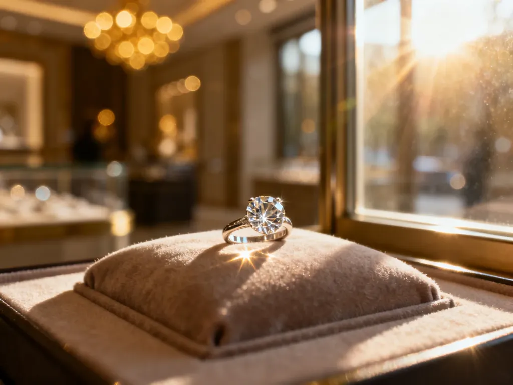 Elegancki pierścionek z diamentem wyeksponowany na aksamitnej poduszce w luksusowym salonie jubilerskim.